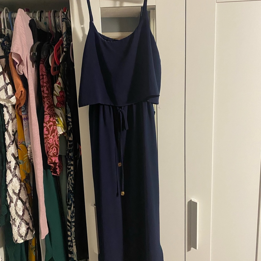 Chiffon navy blue dress with tie waist detail